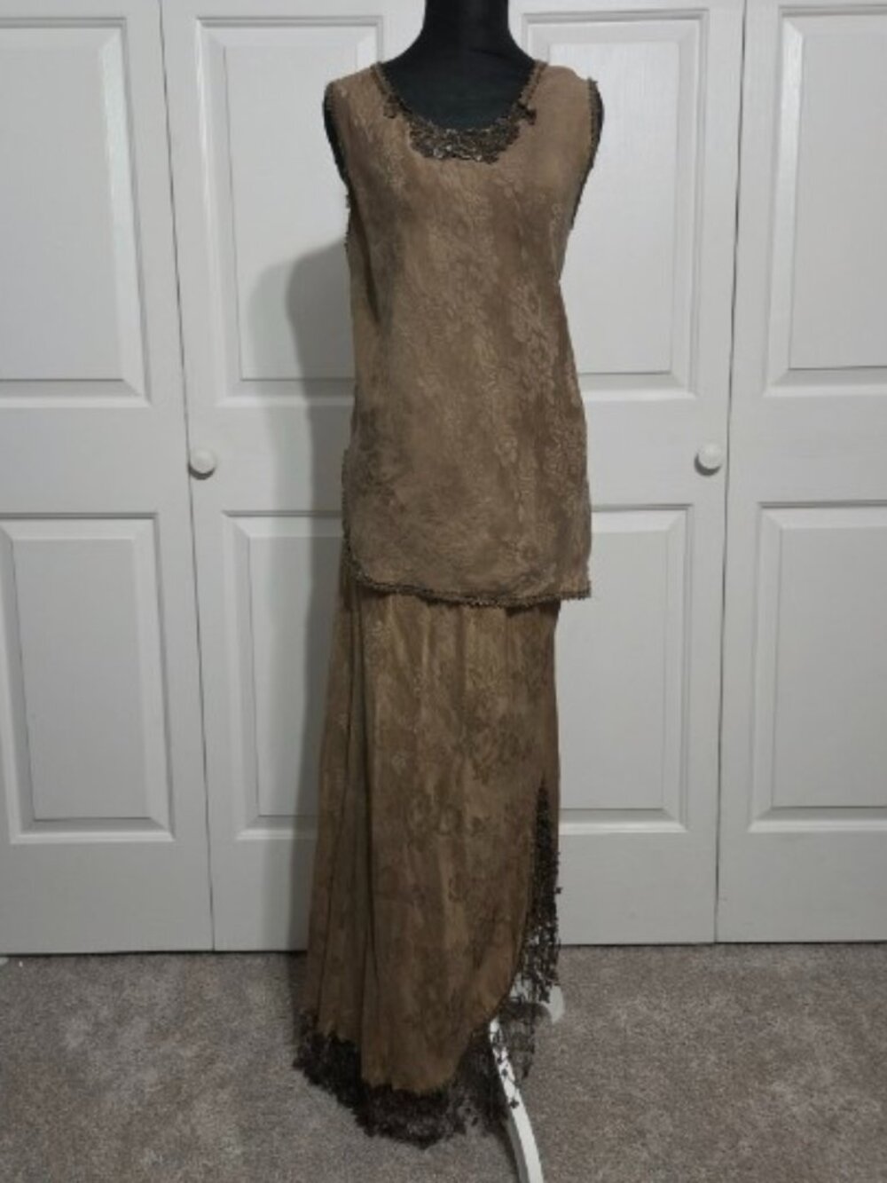 Pat Dahnke Vintage 2pc Set Maxi Skirt Blouse Floral Damask Crochet Lace Brown M
